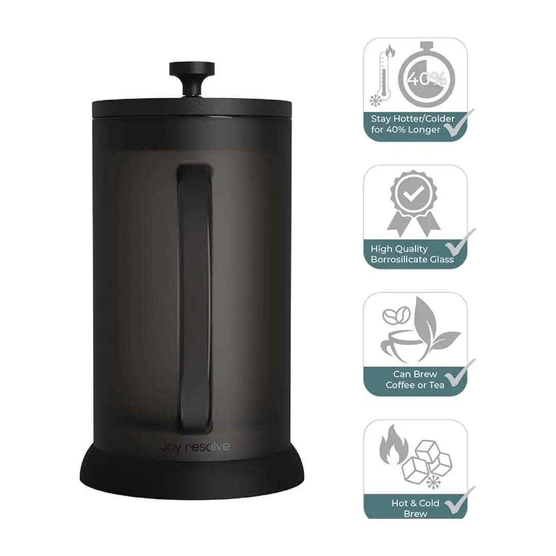 Joy Resolve Double Walled Glass French Press Coffee Maker - 1000 ML / 1 Litre, 4-Layer Filteration System, Brew Coffee or Tea, Hot or Cold, Keeps Hot or Cold - 40% More, BLACK