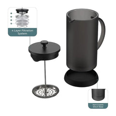 Joy Resolve Double Walled Glass French Press Coffee Maker - 1000 ML / 1 Litre, 4-Layer Filteration System, Brew Coffee or Tea, Hot or Cold, Keeps Hot or Cold - 40% More, BLACK