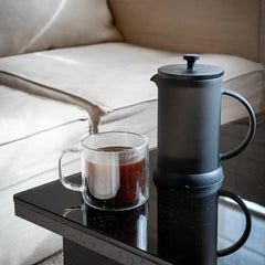 Joy Resolve Double Walled Glass French Press Coffee Maker - 1000 ML / 1 Litre, 4-Layer Filteration System, Brew Coffee or Tea, Hot or Cold, Keeps Hot or Cold - 40% More, BLACK