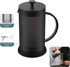 Joy Resolve Double Walled Glass French Press Coffee Maker - 1000 ML / 1 Litre, 4-Layer Filteration System, Brew Coffee or Tea, Hot or Cold, Keeps Hot or Cold - 40% More, BLACK