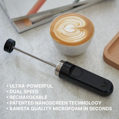Subminimal Handheld NanoFoamer Lithium Rechargeable Performance Milk Foamer, Waterproof, Dual-Speed, Stainless Steel | Microfoamed Milk in 30 Seconds, Barista-Style Coffee Drinks at Home | BLACK