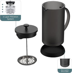 Joy Resolve Double Walled Glass French Press Coffee Maker - 1000 ML / 1 Litre, 4-Layer Filteration System, Brew Coffee or Tea, Hot or Cold, Keeps Hot or Cold - 40% More, BLACK