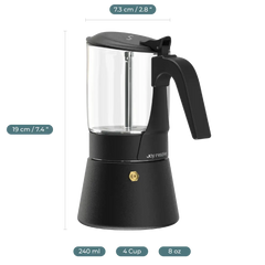 Joy Resolve ClearBrew Moka Pot, Stovetop Coffee Brewer, 240 ML, 5-6 Espresso Cups, Glass, Compatible with Induction / Gas / Electric / Ceramic - Black