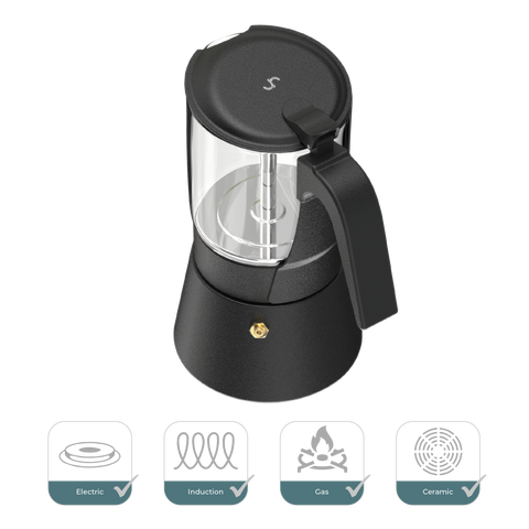 Joy Resolve ClearBrew Moka Pot, Stovetop Coffee Brewer, 240 ML, 5-6 Espresso Cups, Glass, Compatible with Induction / Gas / Electric / Ceramic - Black