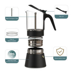 Joy Resolve ClearBrew Moka Pot, Stovetop Coffee Brewer, 240 ML, 5-6 Espresso Cups, Glass, Compatible with Induction / Gas / Electric / Ceramic - Black