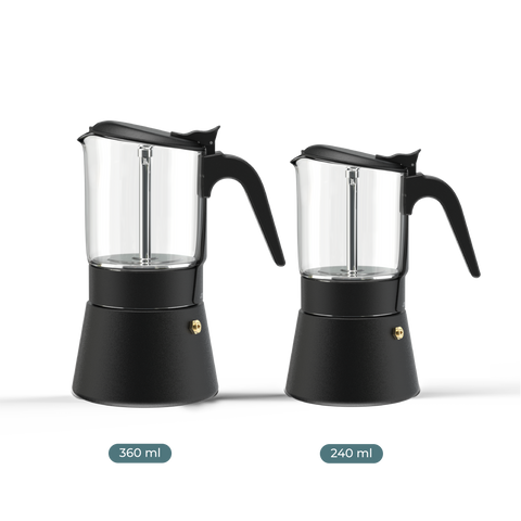 Joy Resolve ClearBrew Moka Pot, Stovetop Coffee Brewer, 240 ML, 5-6 Espresso Cups, Glass, Compatible with Induction / Gas / Electric / Ceramic - Black