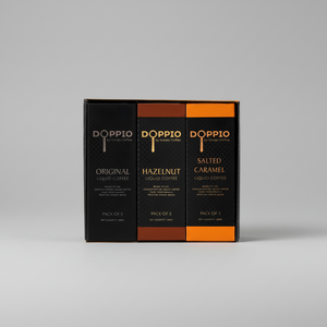 Doppio Liquid Coffee - Starter Pack | Original, Hazelnut & Salted Caramel (15 Sachets - Ready in Seconds)