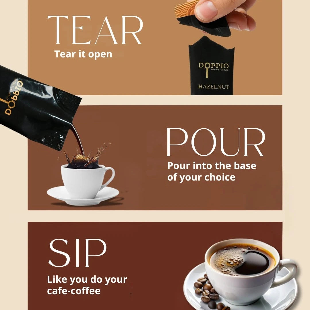 Doppio Liquid Coffee - Starter Pack | Original, Hazelnut & Salted Caramel (15 Sachets - Ready in Seconds)